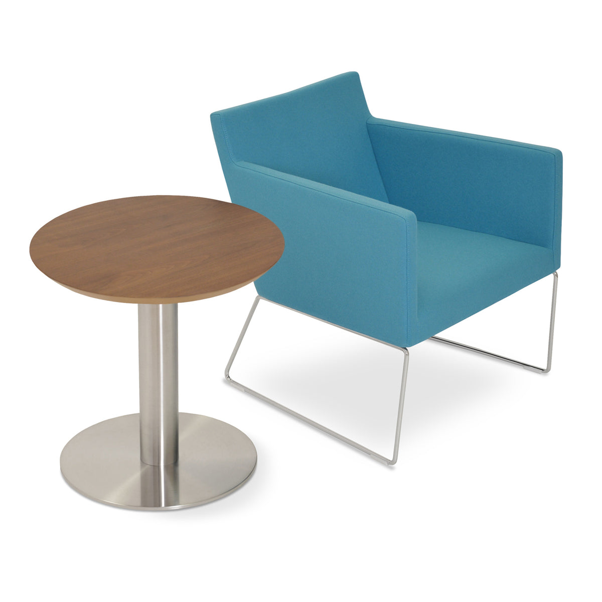 Harput Sled Base Lounge Chair by SohoConcept, showing sled base lounge chair with table.