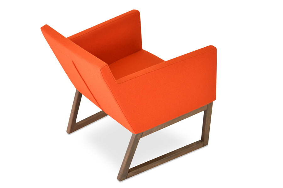 Harput Sled Base Lounge Wood Chair by SohoConcept, showing back view of harput sled base lounge chair in orange camira wool with walnut base.