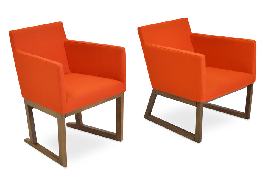 Harput Sled Base Lounge Wood Chair by SohoConcept, showing harput sled base lounge chair & wood lounge chair in orange camira wool with walnut base.