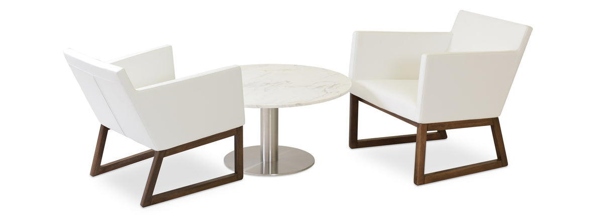 Harput Sled Base Lounge Wood Chair by SohoConcept, showing two harput sled base lounge chairs in white leatherette & tango coffee table in white marble top.