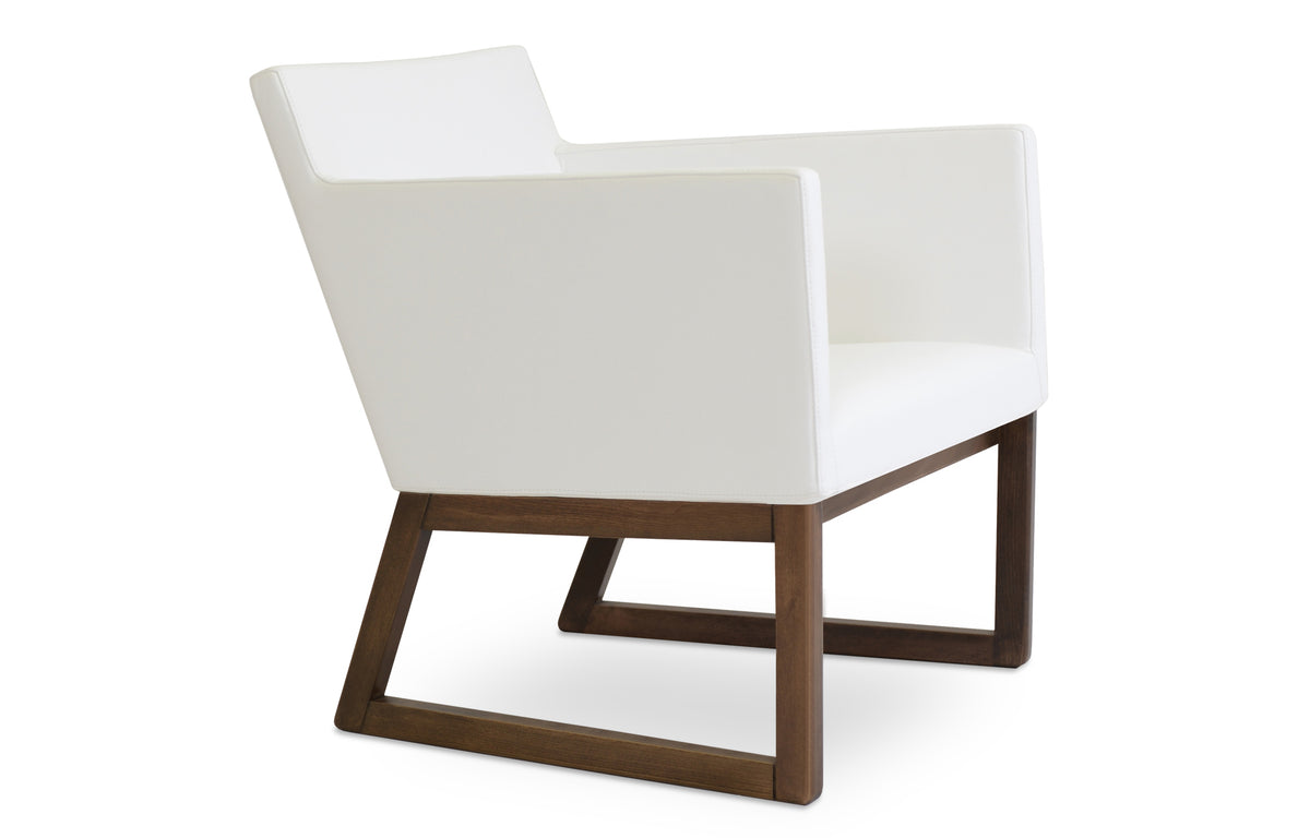 Harput Sled Base Lounge Wood Chair by SohoConcept - Beech Wood Walnut, White Leatherette