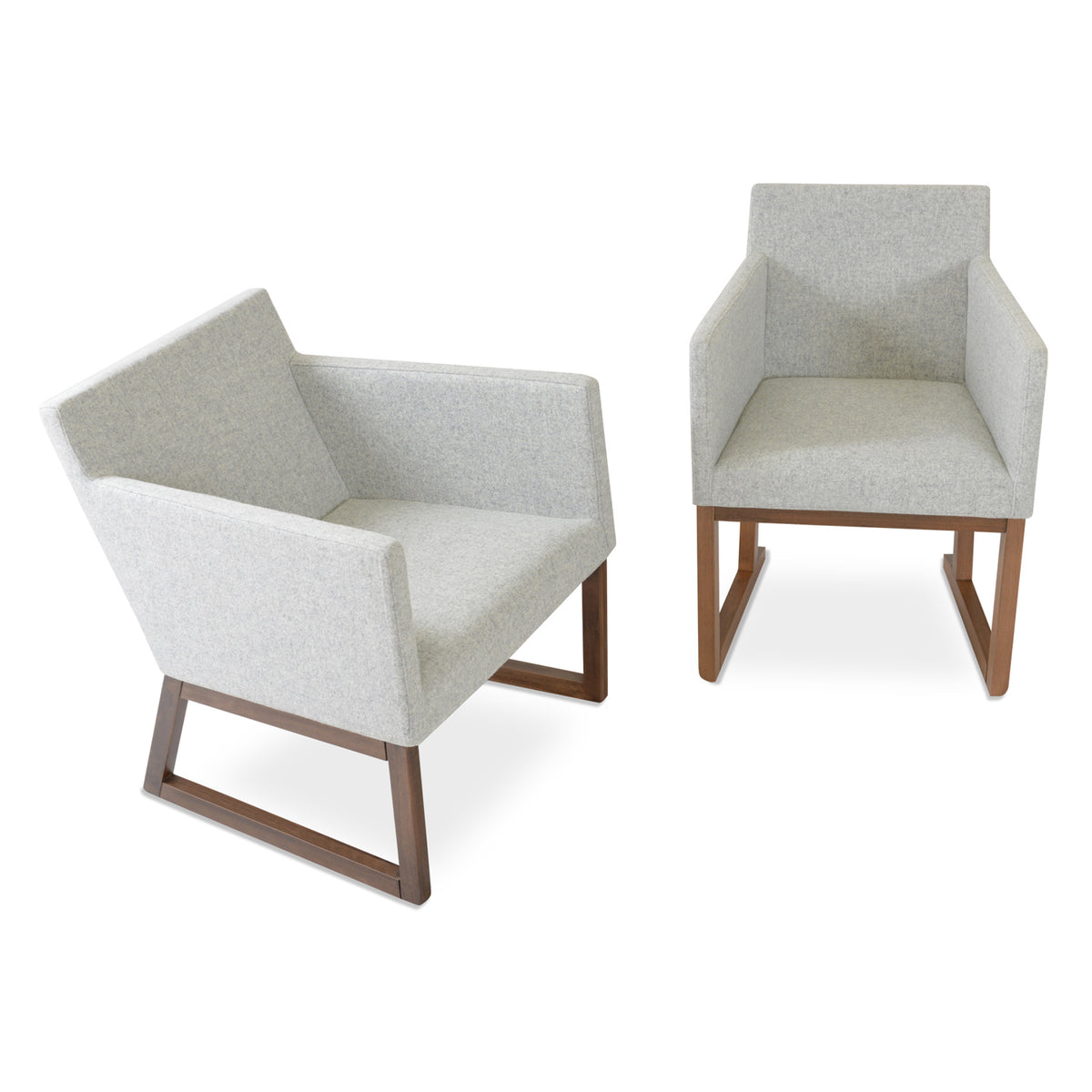 Harput Sled Base Lounge Wood Chair by SohoConcept, showing harput sled base lounge chair & dining chair in silver camira wool with walnut base.