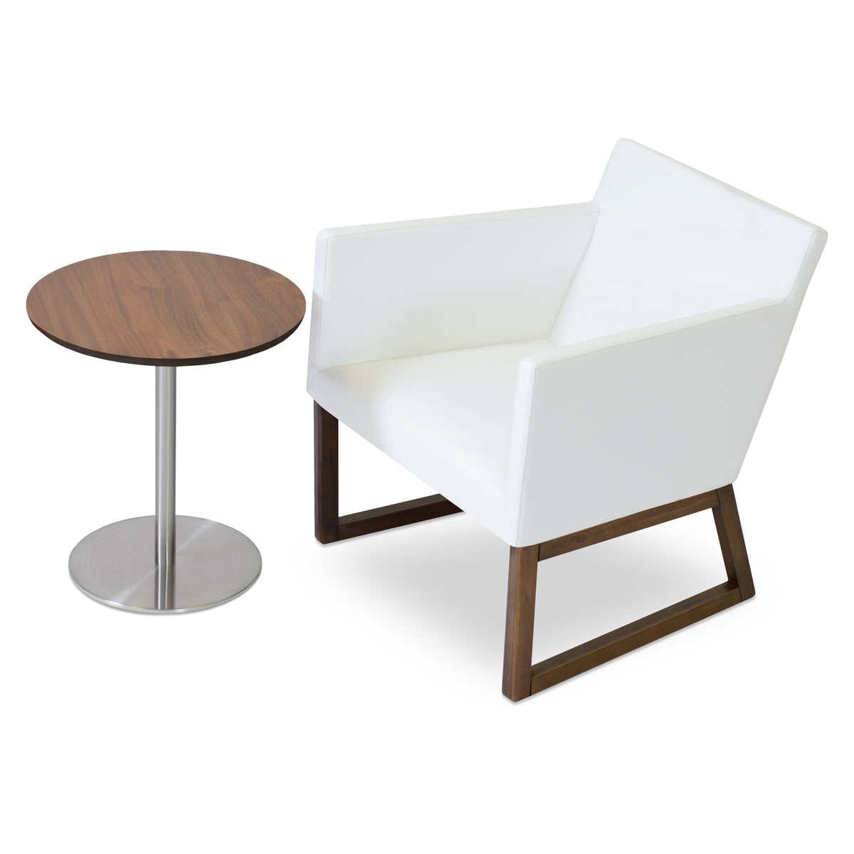 Harput Sled Base Lounge Wood Chair by SohoConcept, showing harput sled base lounge chair in white leatherette with walnut base & ares walnut end table.