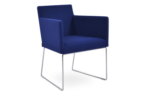 Harput Sled Wire Arm Chair by SohoConcept - Chrome Finish, Camira Blazer Royal Blue Wool.