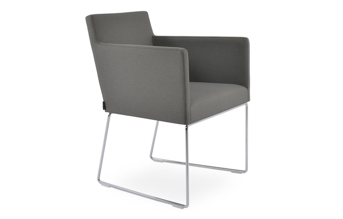 Harput Sled Wire Arm Chair by SohoConcept - Chrome Finish, Camira Era Grey Fabric.