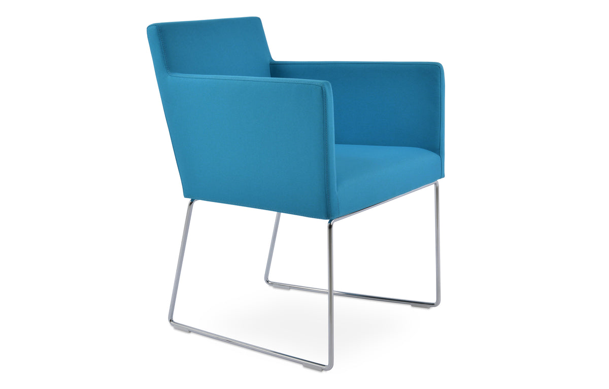 Harput Sled Wire Arm Chair by SohoConcept - Chrome Finish, Camira Era Turquoise Fabric.