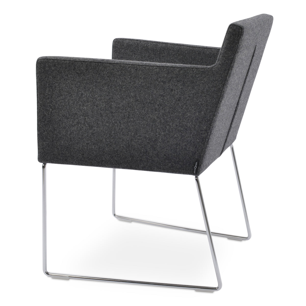 Harput Sled Wire Arm Chair by sohoConcept, showing back angle view of harput sled wire arm chair in camira blazer dark grey wool with chrome finish base.