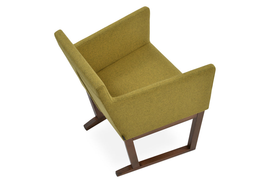 Harput Sled Wood Arm Chair by sohoConcept, showing top view of harput sled wood arm chair in camira blazer amber wool with original walnut wood base.