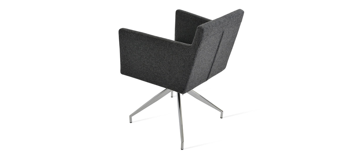 Harput Spider Swivel Arm Chair by SohoConcept, showing back angle view of harput spider swivel arm chair in camira blazer dark grey wool with polished aluminum base.