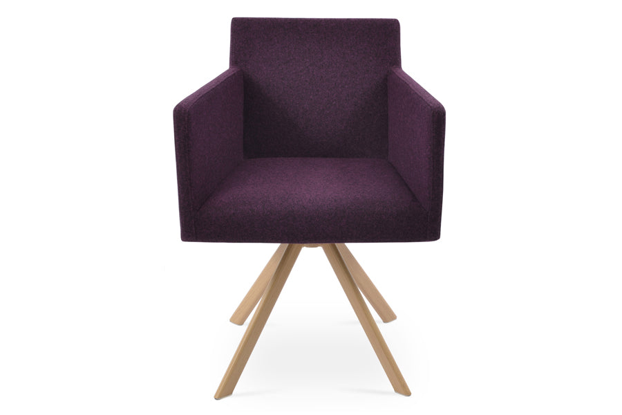 Harput Sword Swivel Arm Chair by sohoConcept, showing front view of harput sword swivel arm chair in camira blazer deep maroon wool with natural veneer steel tubes.