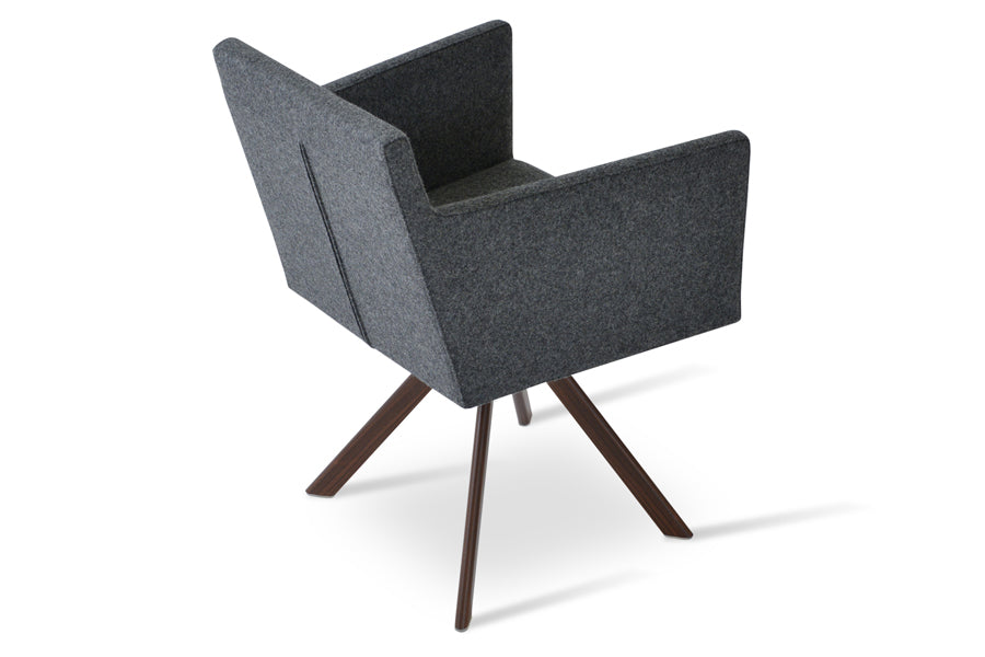 Harput Sword Swivel Arm Chair by sohoConcept, showing back view of harput sword swivel arm chair in camira blazer dark grey wool with walnut veneer steel tubes.
