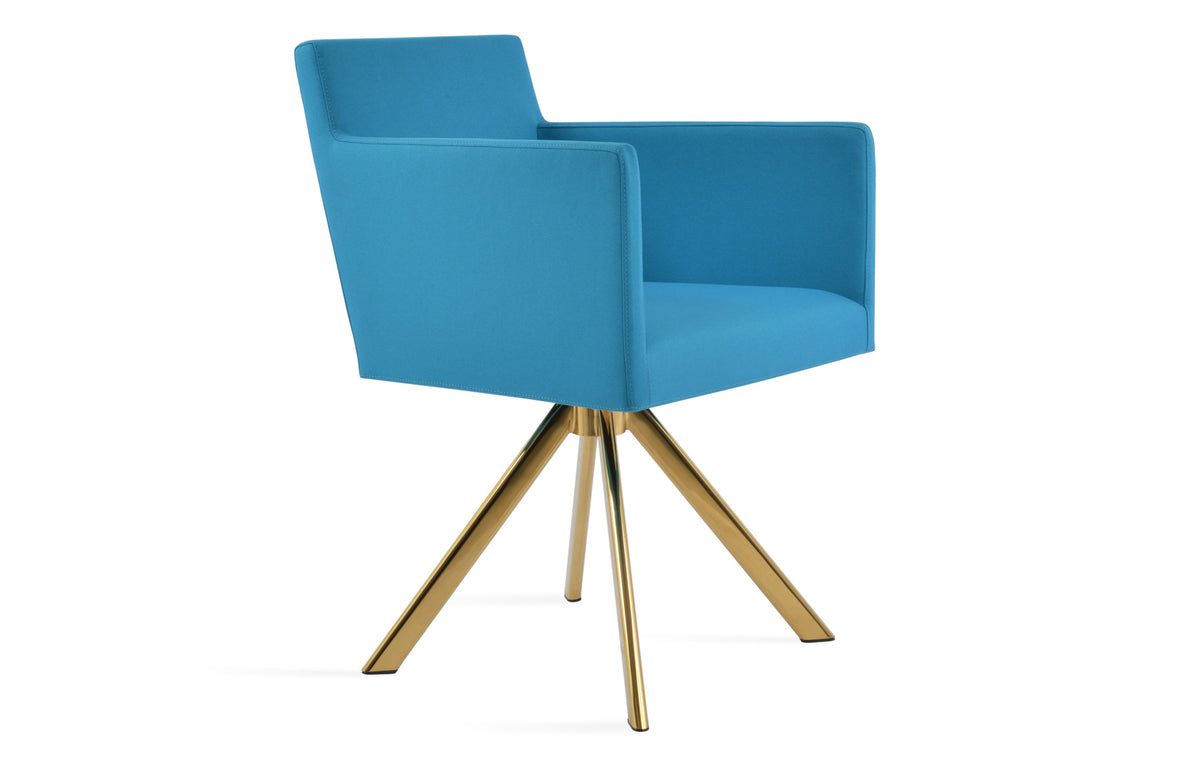 Harput Sword Swivel Arm Chair by SohoConcept - Gold Brass Steel Tube, Camira Era Turquoise Fabric.