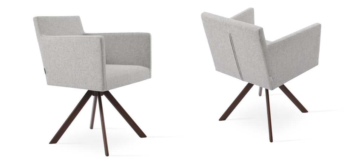 Harput Sword Swivel Arm Chair by sohoConcept, showing different angles of harput sword swivel arm chair in camira blazer silver wool with walnut veneer steel tubes.