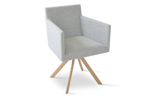 Harput Sword Swivel Arm Chair by SohoConcept - Natural Veneer Steel Tube, Camira Blazer Silver Wool.