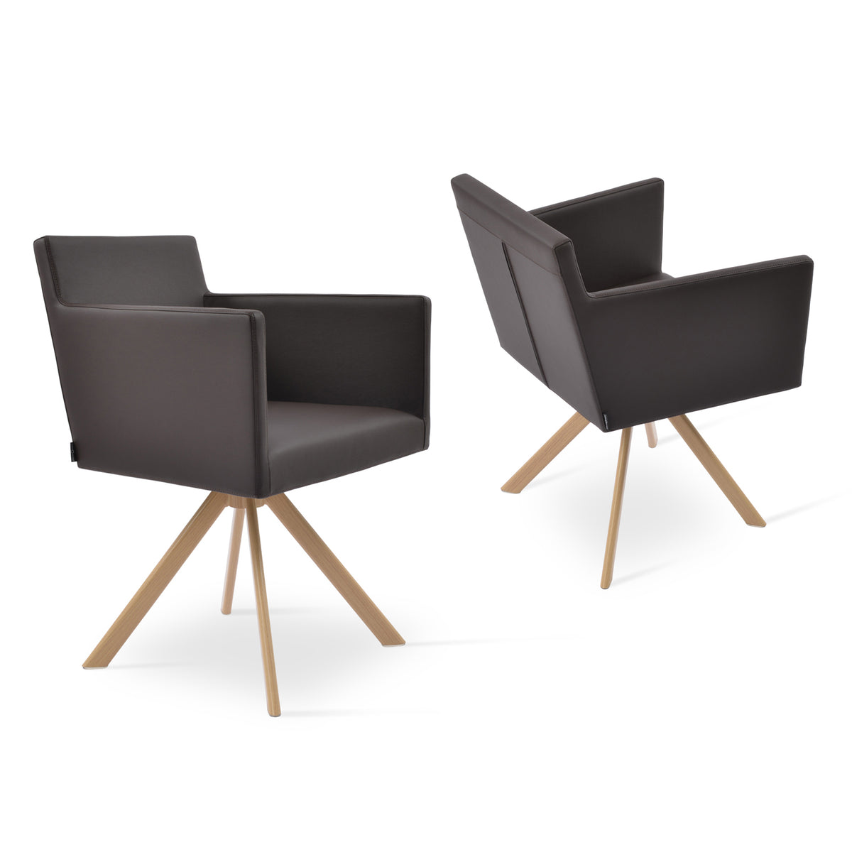 Harput Sword Swivel Arm Chair by sohoConcept, showing different angles of harput sword swivel arm chair in brown leatherette with natural veneer steel tubes.