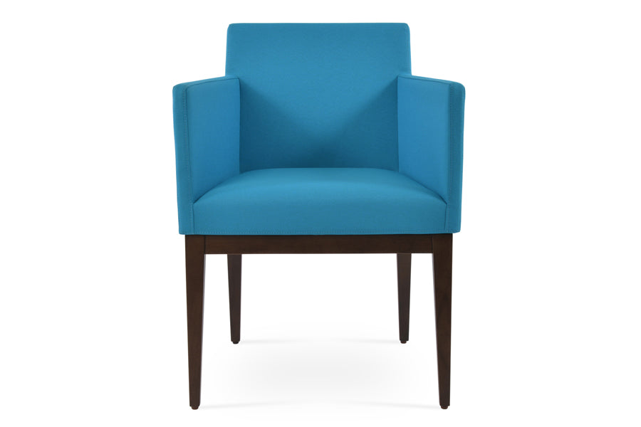 Harput Wood Arm Chair by SohoConcept, showing front view of wood arm chair in camira era turquoise fabric in walnut wood base.