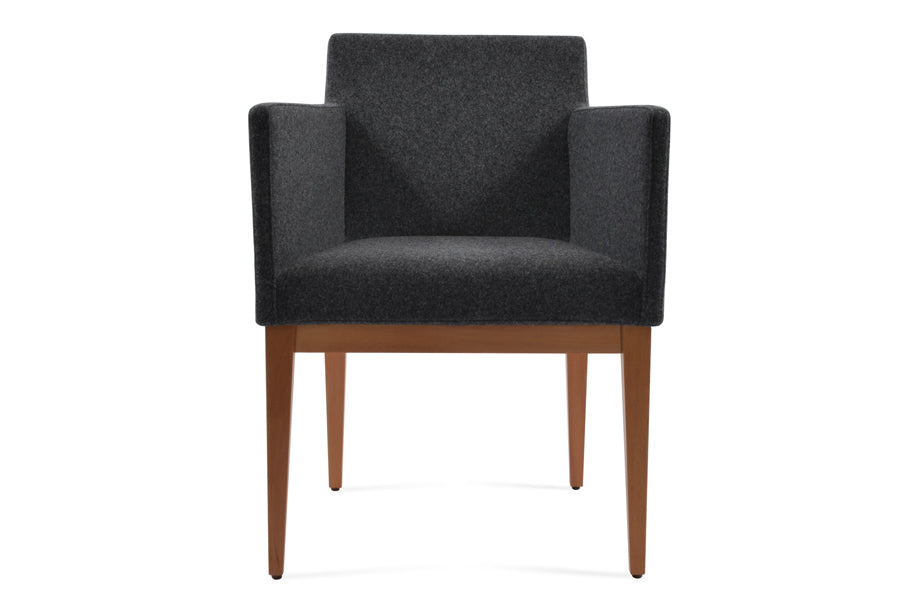 Harput Wood Arm Chair by SohoConcept, showing front view of wood arm chair in camira blazer dark grey wool in natural wood base.