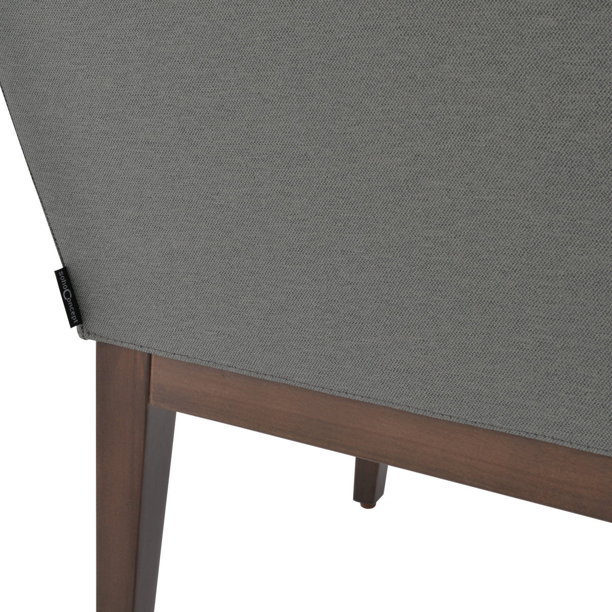 Harput Wood Arm Chair by SohoConcept, showing close back view of wood arm chair in camira era grey fabric in walnut wood base.