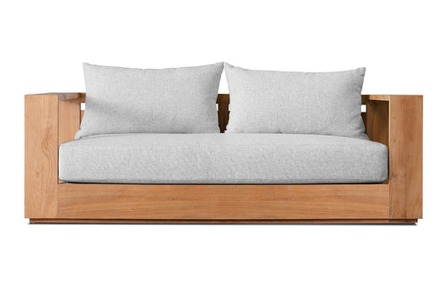 Hayman Teak Two Seater Arm Sofa by Harbour - Natural Teak Wood + Batyline White/Sand Copacabana.