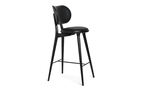 High Stool with Backrest by Mater - Black Stained Beech Wood/Black Leather Seat.