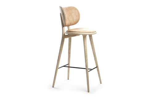 High Stool with Backrest by Mater - Natural Matt Lacqured Oak/Natural Tanned Leather Seat.