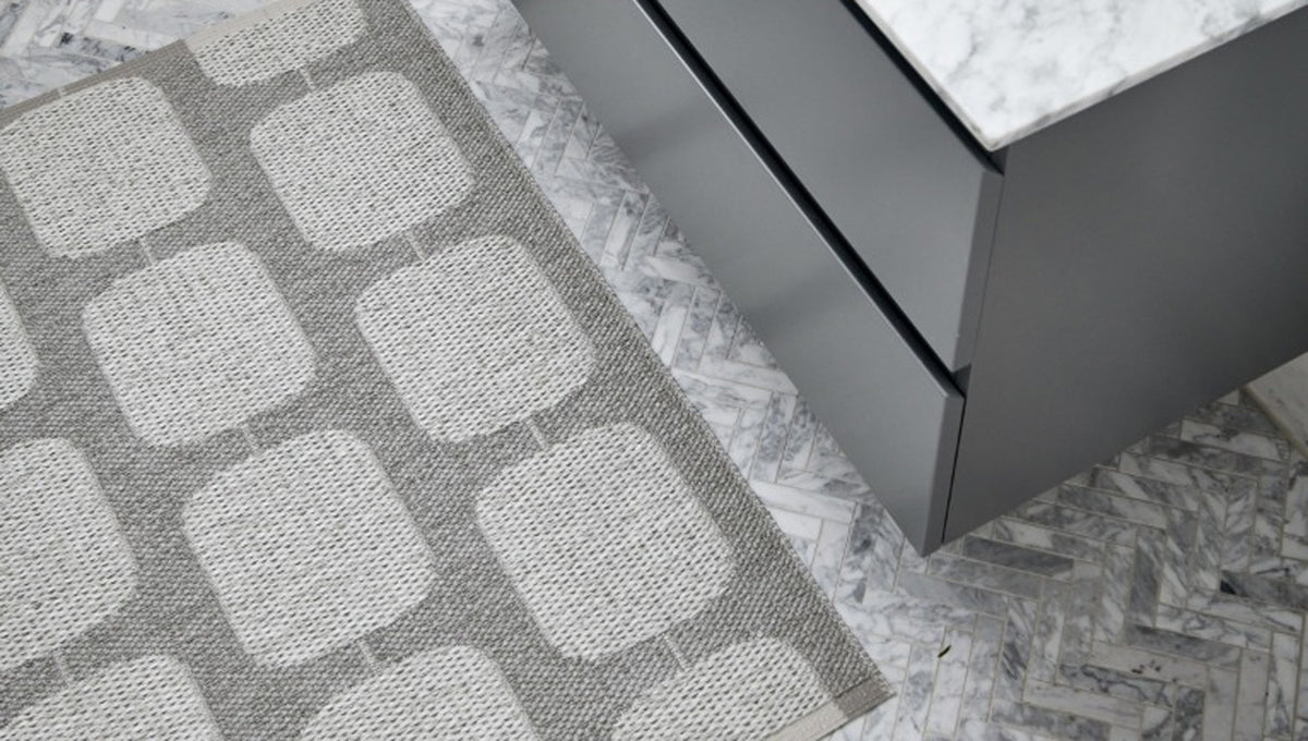 Sten Warm Grey & Fossil Grey Runner Rug by Pappelina, showing sten warm grey & fossil grey runner rug in live shot.