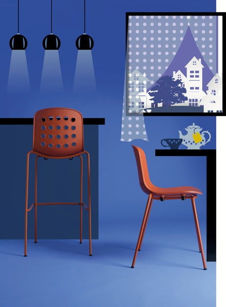 Holi Side Chair by Toou, showing side view of side chair & back view of stool in marketing shot.