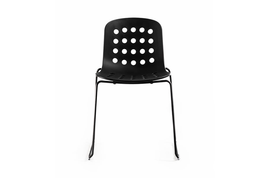 Holi Sled Base Side Chair by Toou, showing front view of holi sled base side chair in open shell/black.
