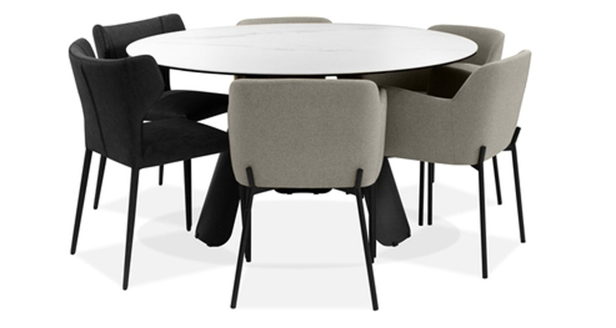 Palazzo Dining Table by Mobital, showing palazzo round dining table in round/white ceramic/black powder coated with chairs.