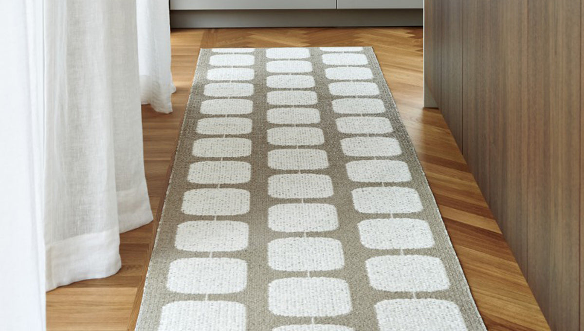 Sten Light Nougat & Vanilla Runner Rug by Pappelina, showing sten light nougat & vanilla runner rug in live shot.