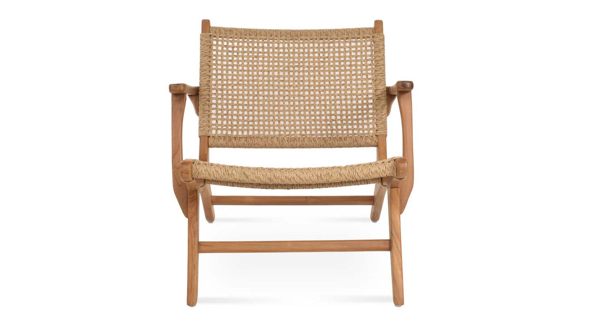 Calava Teak Lounge Armchair by SohoConcept, showing front view of calava teak lounge armchair.