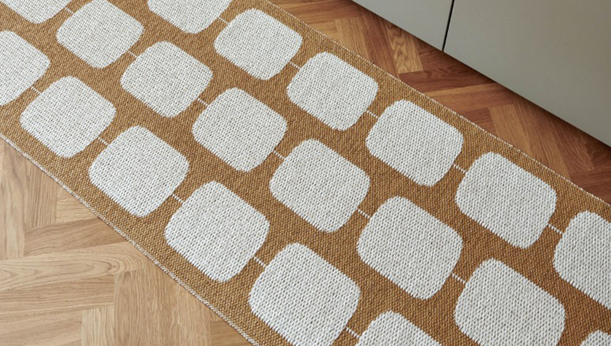 Sten Ochre & Vanilla Runner Rug by Pappelina, showing sten ochre & vanilla runner rug in live shot.