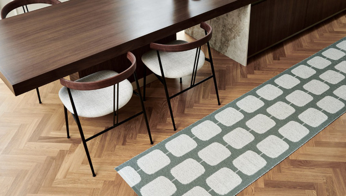 Sten Army & Fossil Grey Runner Rug by Pappelina, showing sten army & fossil grey runner rug in live shot.