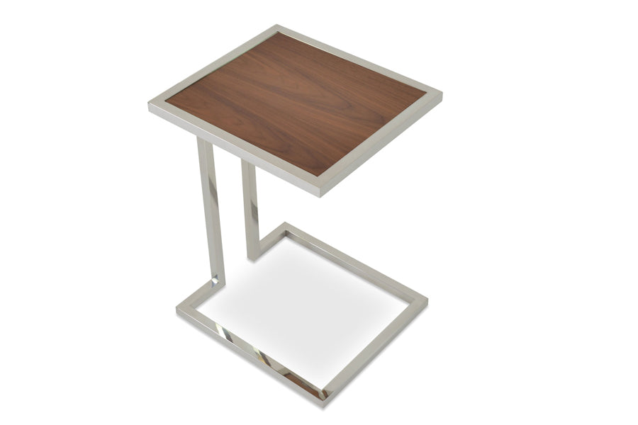 Hudson End Table by Sohoconcept, showing angle view of end table in walnut finish with stainless steel polished base.