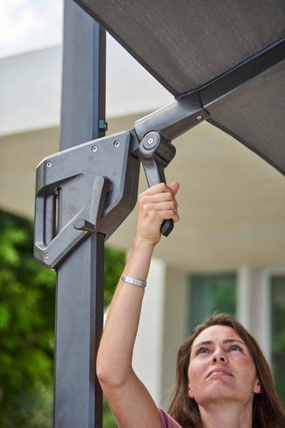 Hyde Luxe Parasol by Cane-Line, showing closeup view of hyde luxe parasol in live shot.
