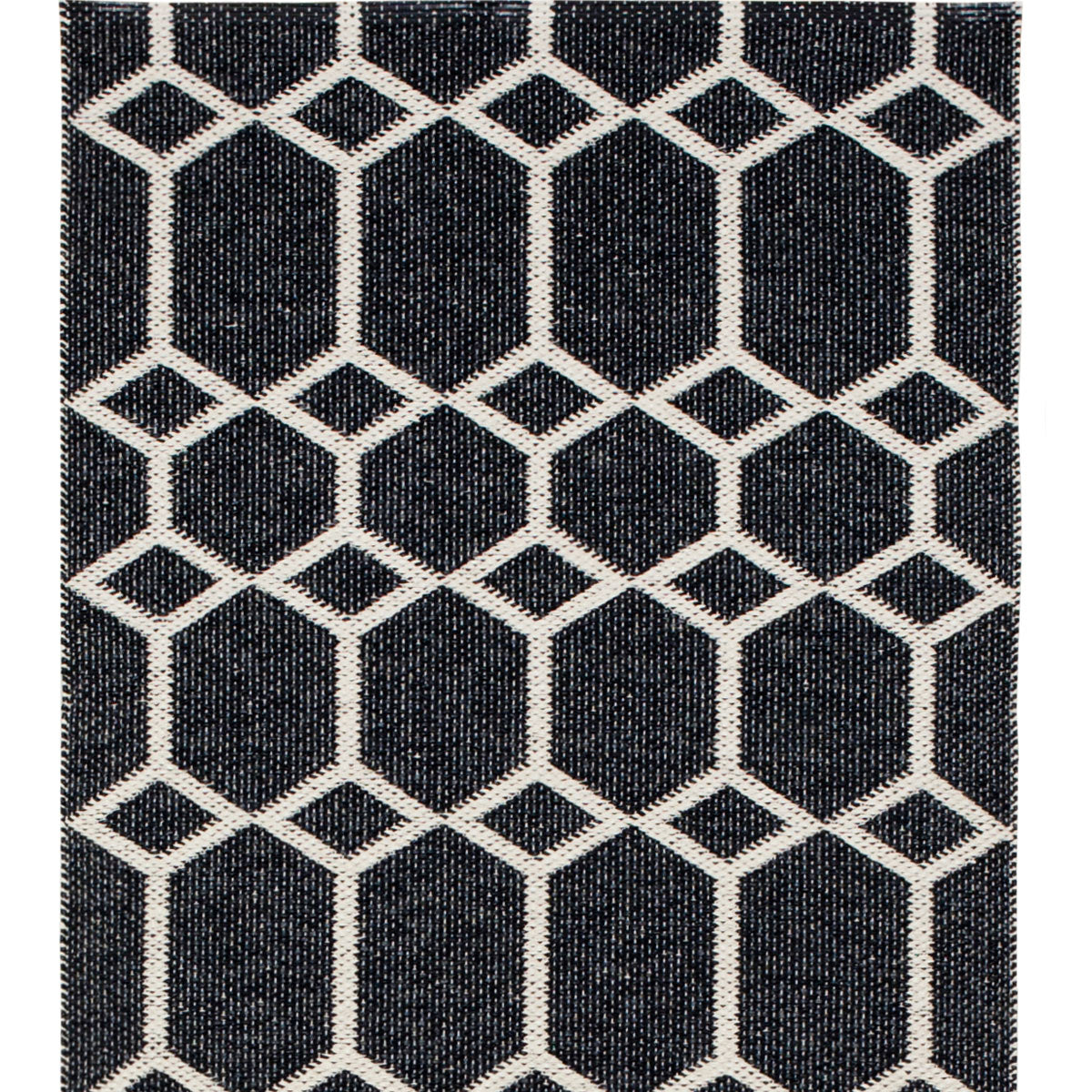 Ingrid Woven Plastic Rug by Brita, showing closeup view of ingrid woven plastic rug in black ingrid woven rug.