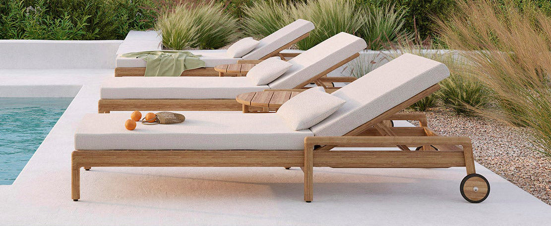 Jack Outdoor Adjustable Lounger by Ethnicraft, showing jack outdoor adjustable loungers in live shot.