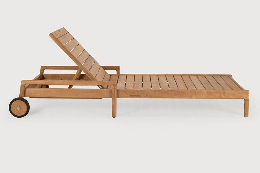 Jack Outdoor Adjustable Lounger by Ethnicraft, showing side view of jack outdoor adjustable lounger in studio shot.