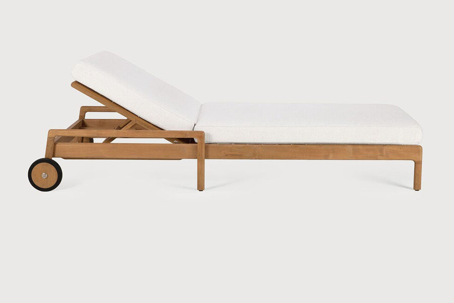 Jack Outdoor Adjustable Lounger by Ethnicraft, showing side view of jack outdoor adjustable lounger in studio shot with upholstery.