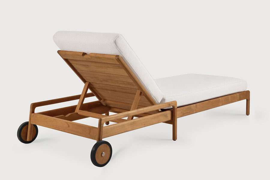 Jack Outdoor Adjustable Lounger by Ethnicraft, showing back view of jack outdoor adjustable lounger in studio shot with upholstery.