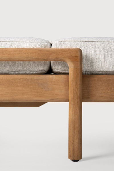 Jack Outdoor Adjustable Lounger by Ethnicraft, showing closeup view of jack outdoor adjustable lounger in studio shot with upholstery.