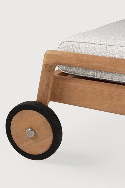 Jack Outdoor Adjustable Lounger by Ethnicraft, showing closeup view of jack outdoor adjustable lounger in studio shot with upholstery.