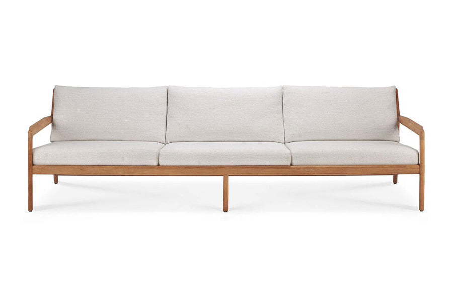 Jack Outdoor Sofa by Ethnicraft, showing front view of jack outdoor sofa in off white fabric/3-seater.