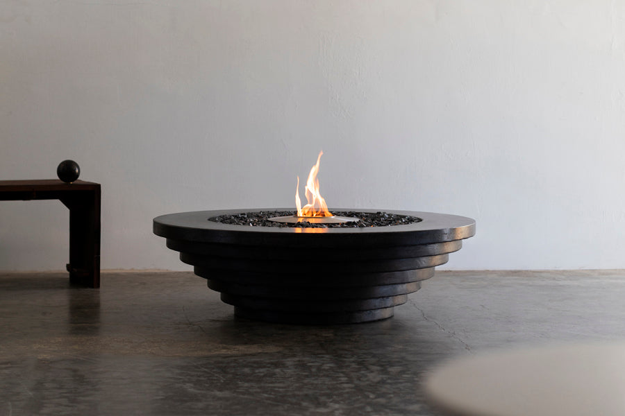 James De Wulf Stepped Fire Table by De Wulf, showing front view of stepped fire table.