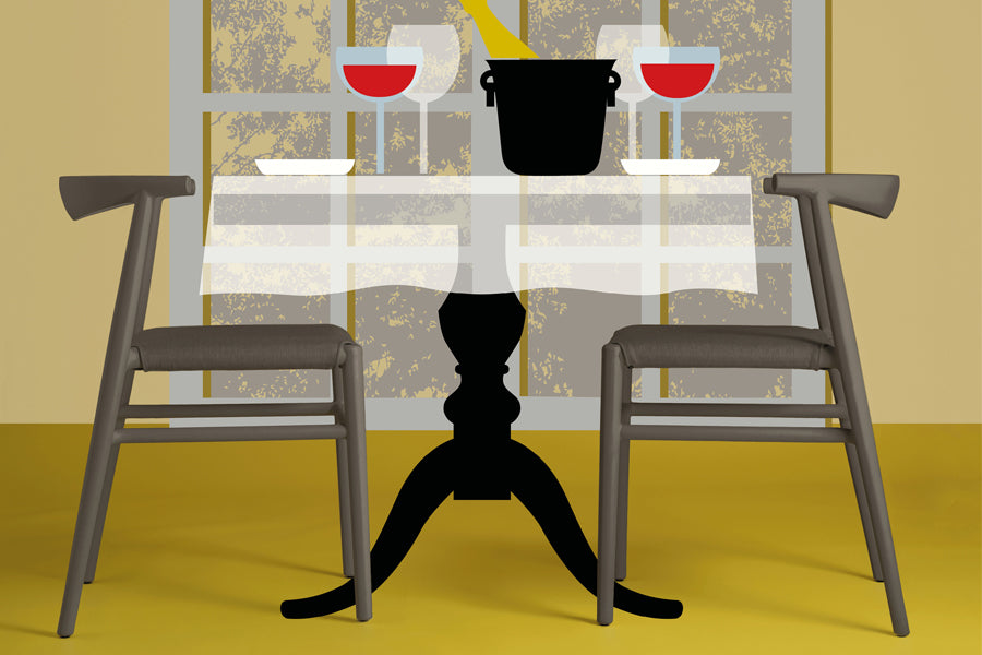 JOI Dining Chair by Toou, showing joi dining chairs with dining table in live shot.