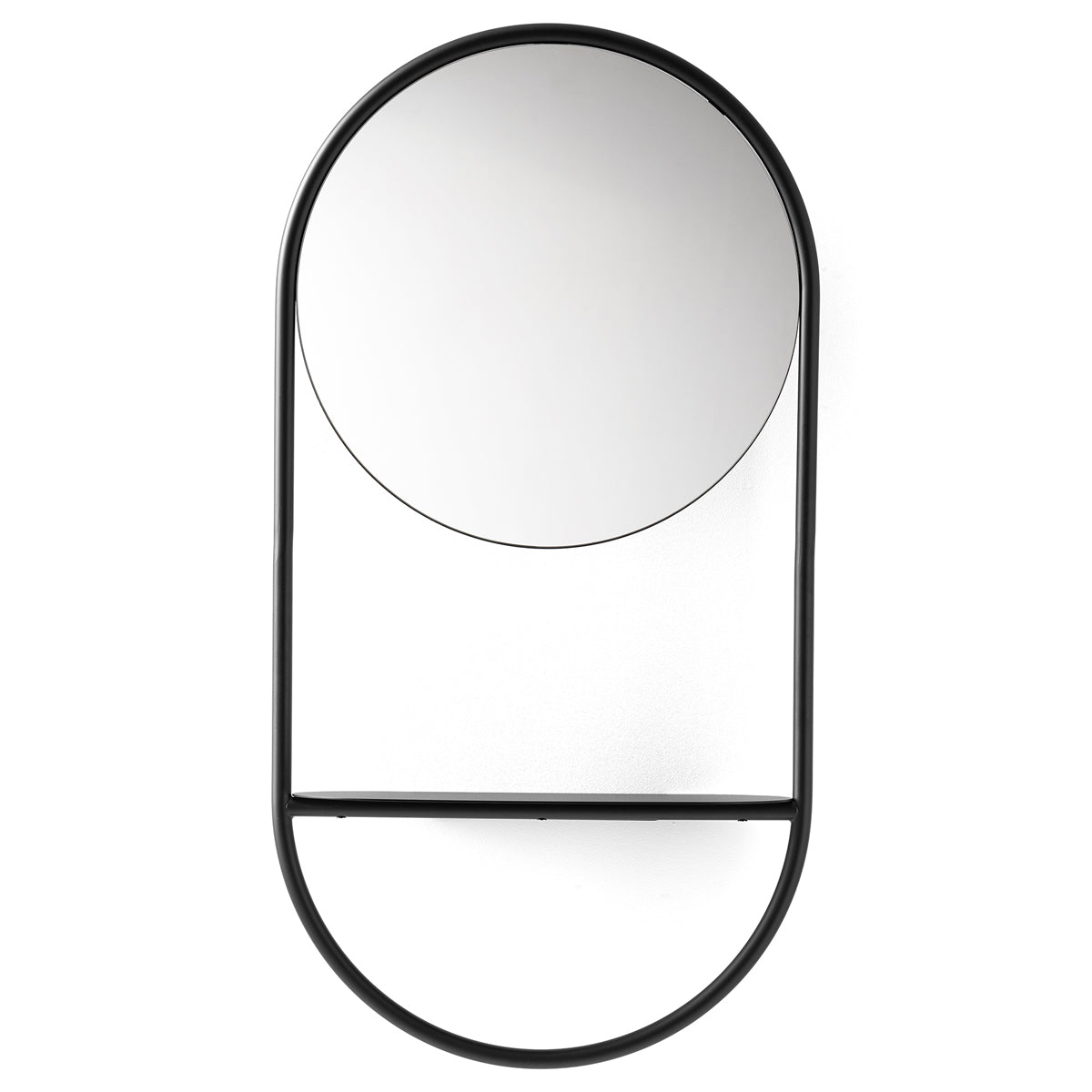 Juno Wall Mirror by Connubia, showing front view of juno wall mirror in matt black frame + shelf.