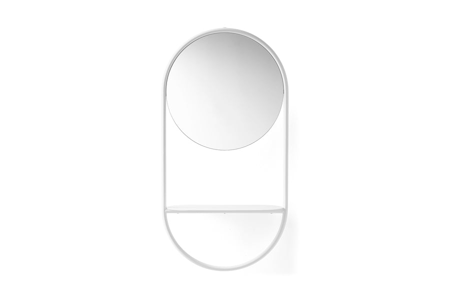Juno Wall Mirror by Connubia, showing front view of juno wall mirror in matt optic white frame + shelf.