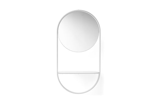 Juno Wall Mirror by Connubia, showing front view of juno wall mirror in matt optic white frame + shelf.