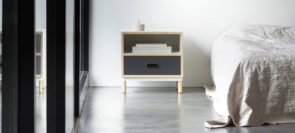 Kabino Bedside Table by Normann Copenhagen, showing kabino bedside table in live shot.