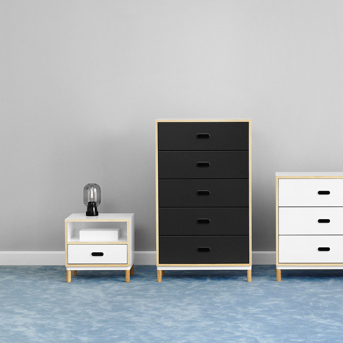 Kabino Bedside Table by Normann Copenhagen, showing kabino bedside table in live shot.